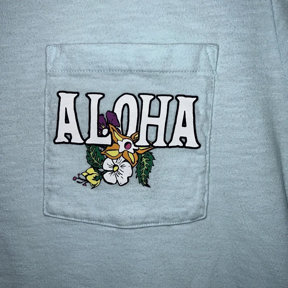 J Crew T Shirt Men's Size L Blue Aloha Maui Hawaii Floral Slub Pocket 2-Side Tee